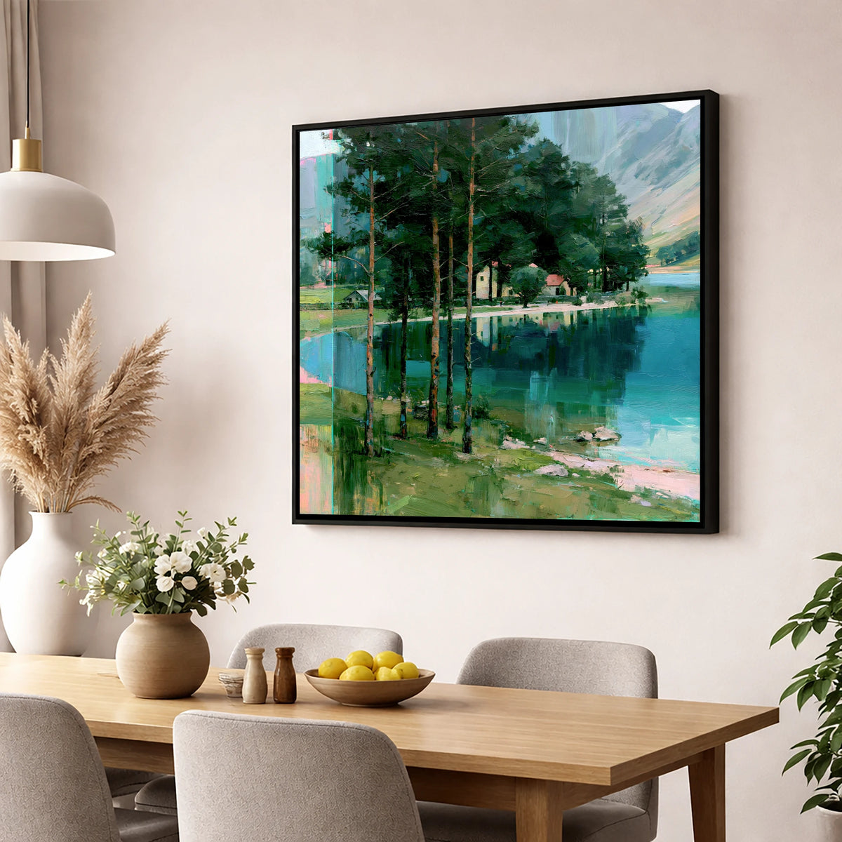 Pine Trees on Buttermere Shoreline lake district lake wall art displayed in a dining room
