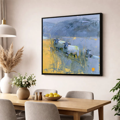Herdwick Sheep Against Slate Fells lake district wildlife wall art displayed in a dining room