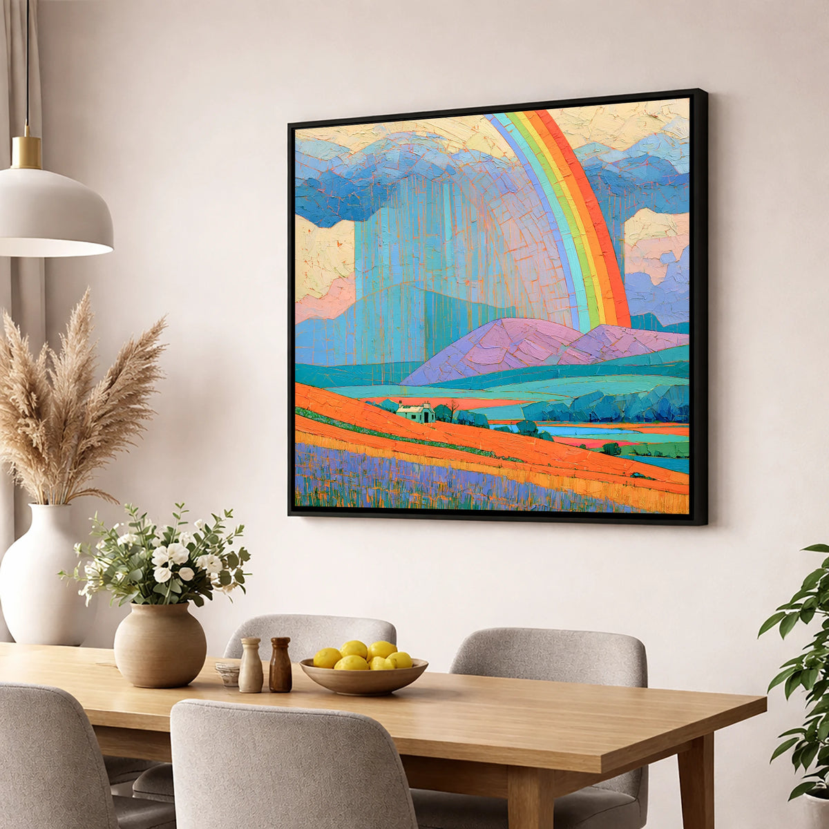 Lakeland Cottage Beneath Vivid Rainbow lake district sky wall art displayed in a dining room