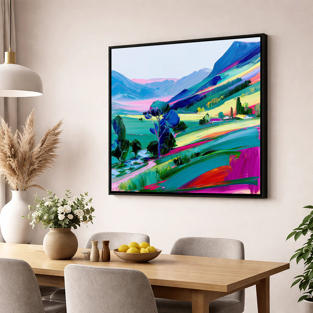 Vivid Morning Mist Valley lake district sky wall art displayed in a dining room