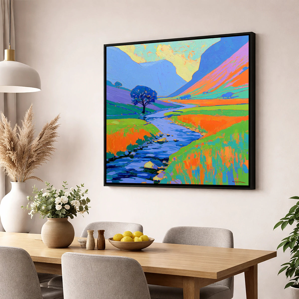 Vivid River In The Valley lake district waterfall wall art displayed in a dining room