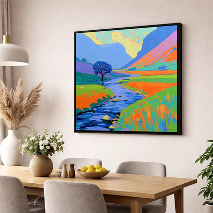 Vivid River In The Valley lake district waterfall wall art displayed in a dining room