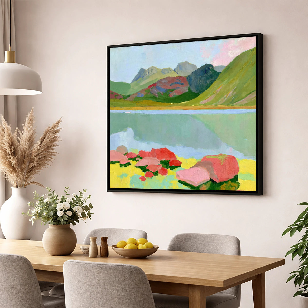 Pastel Rocks at Blea Tarn lake district valley wall art displayed in a dining room