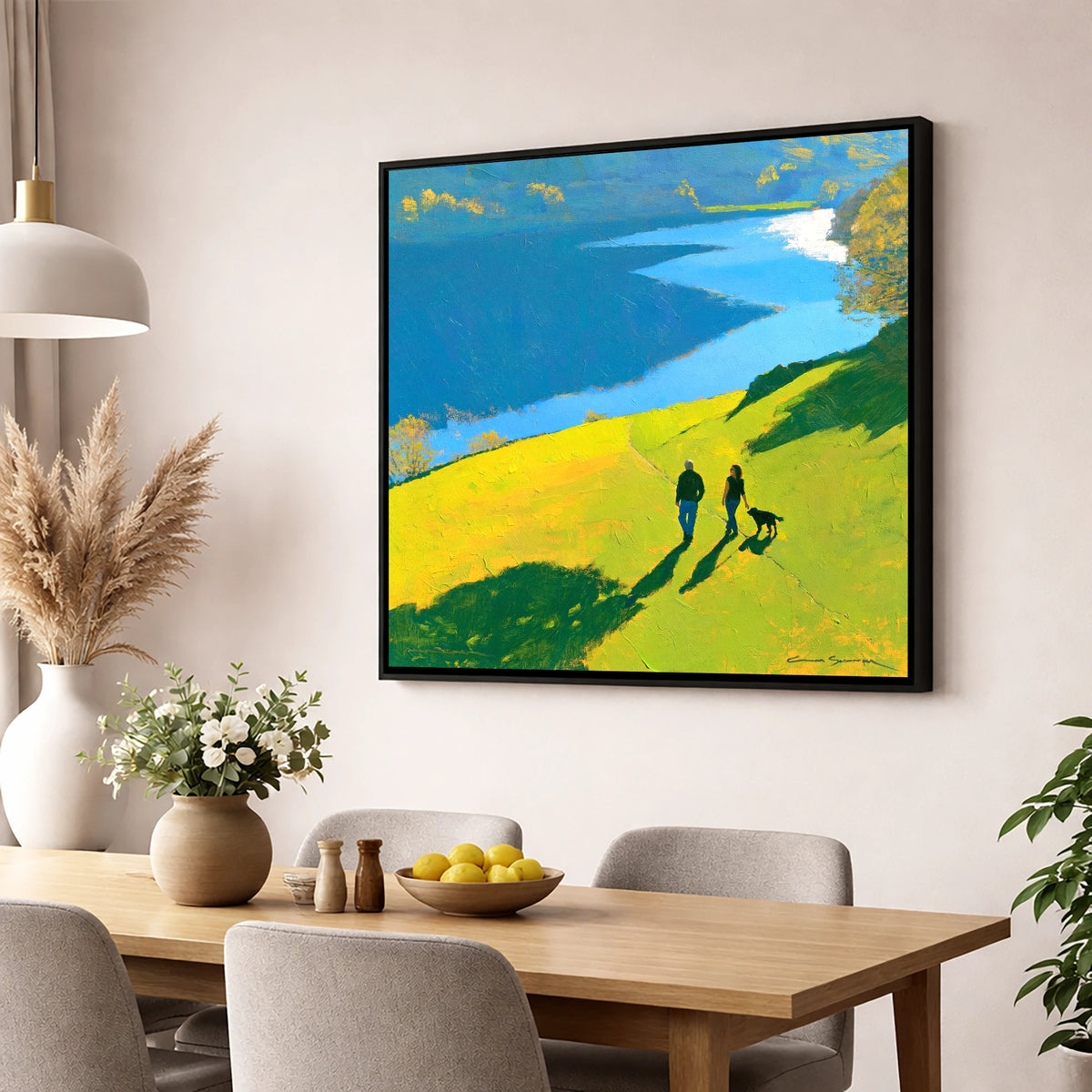 Sunlit Grasmere Dog Walk gifts for dog walkers wall art displayed in a dining room
