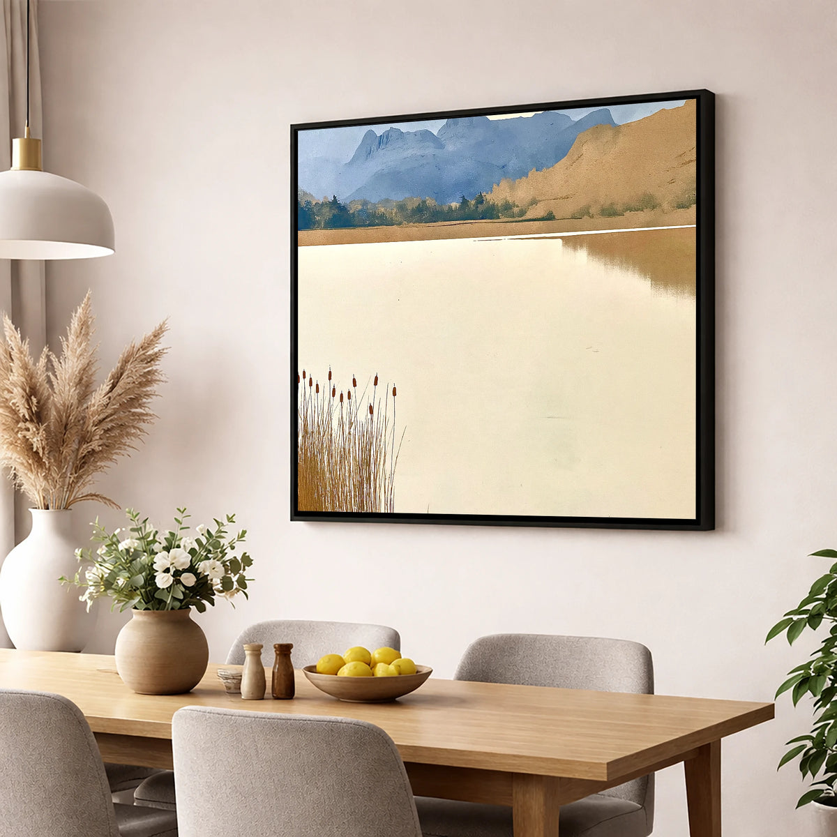 Elterwater Reeds and Slate Fells lake district lake wall art displayed in a dining room
