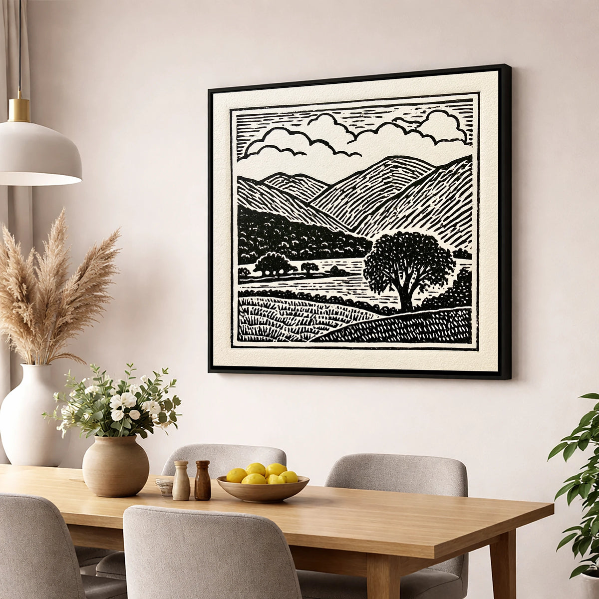 Borrowdale Fells In Striking Monochrome lake district valley wall art displayed in a dining room