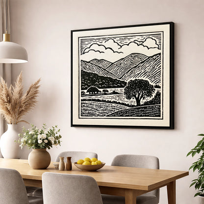 Borrowdale Fells In Striking Monochrome lake district valley wall art displayed in a dining room