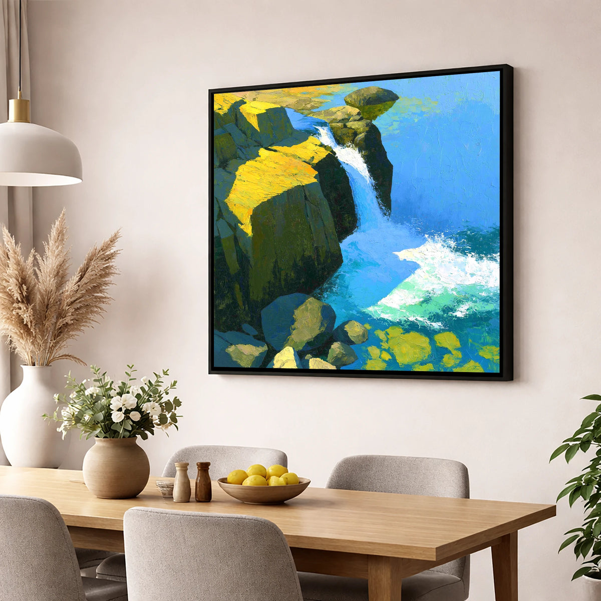 Sunlit Cascade over High Fell Rocks lake district waterfall wall art displayed in a dining room