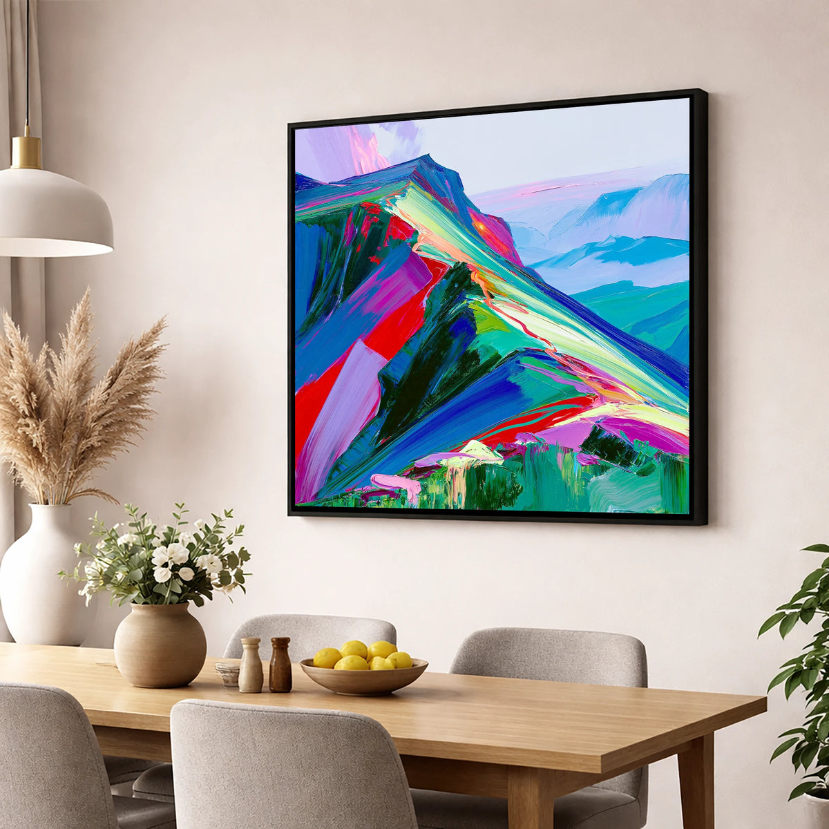 Colourful Misty Mountain Ridge lake district fell wall art displayed in a dining room