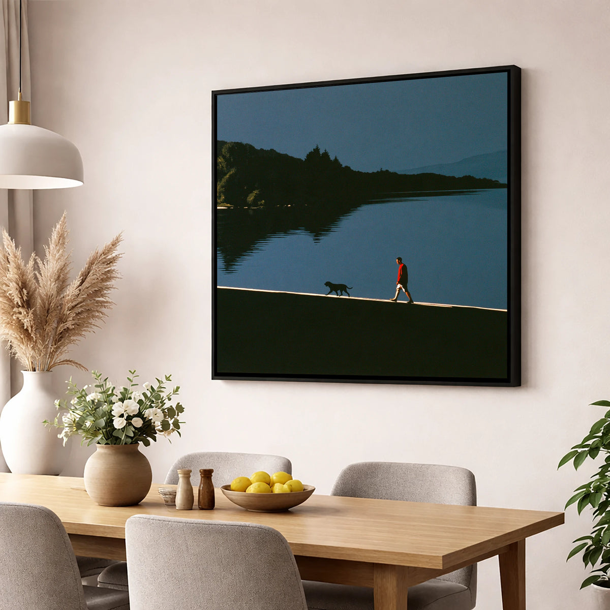 Coniston Water Dog Walk Silhouette gifts for dog walkers wall art displayed in a dining room