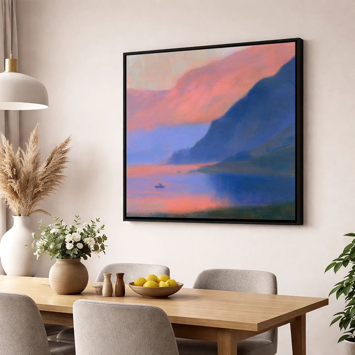 Indigo Fells at Pink Twilight lake district lake wall art displayed in a dining room