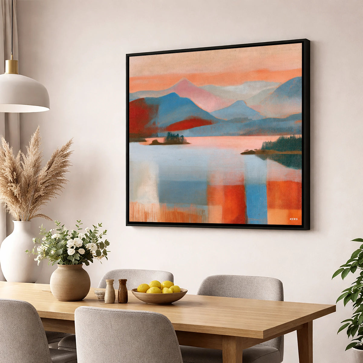 Abstract Derwentwater and Catbells Sunset lake district lake wall art displayed in a dining room
