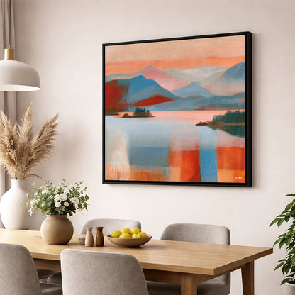 Abstract Derwentwater and Catbells Sunset lake district lake wall art displayed in a dining room