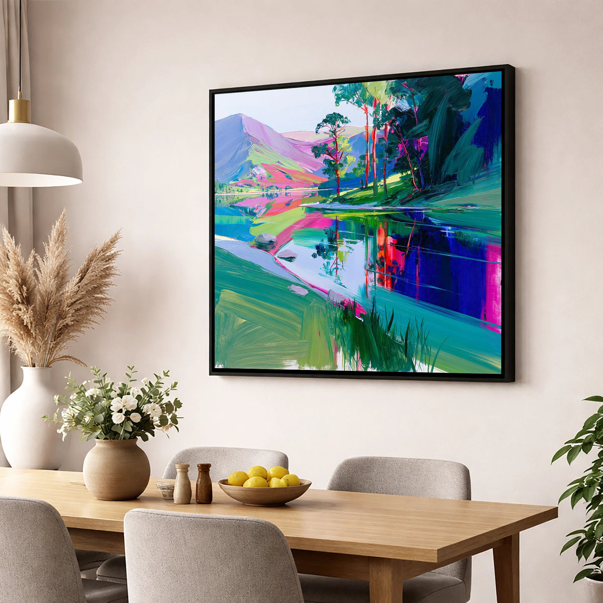 Vibrant Reflections at Buttermere lake district lake wall art displayed in a dining room