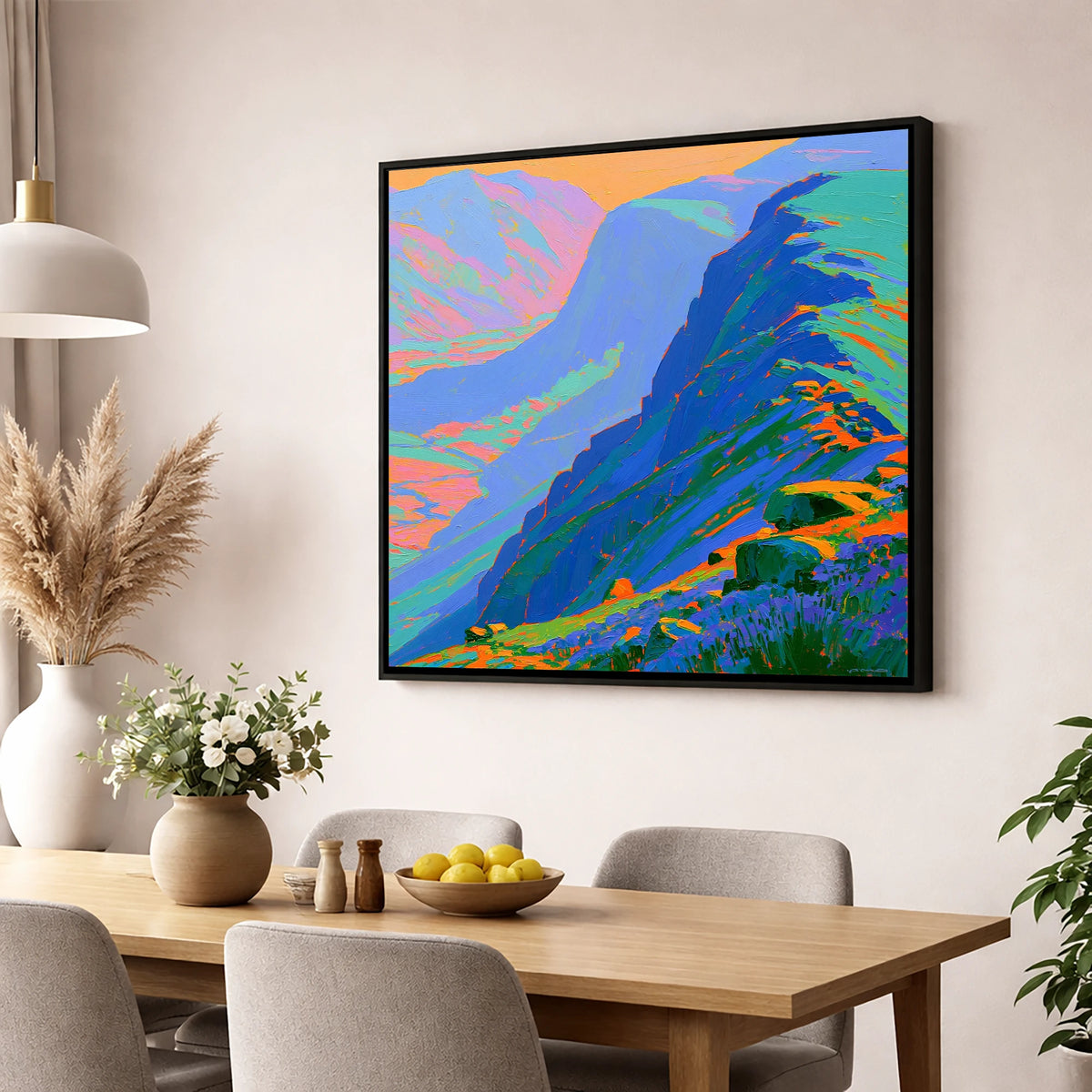 Electric Blue Mountain Ridge lake district fell wall art displayed in a dining room