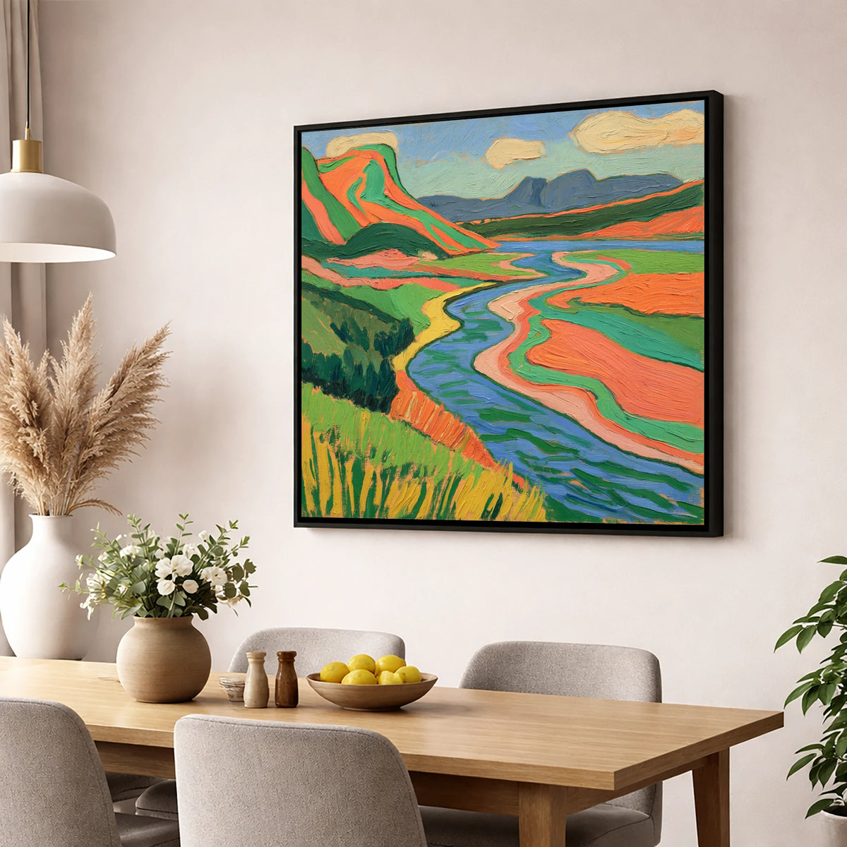 Bold Winding River and Fells lake district waterfall wall art displayed in a dining room