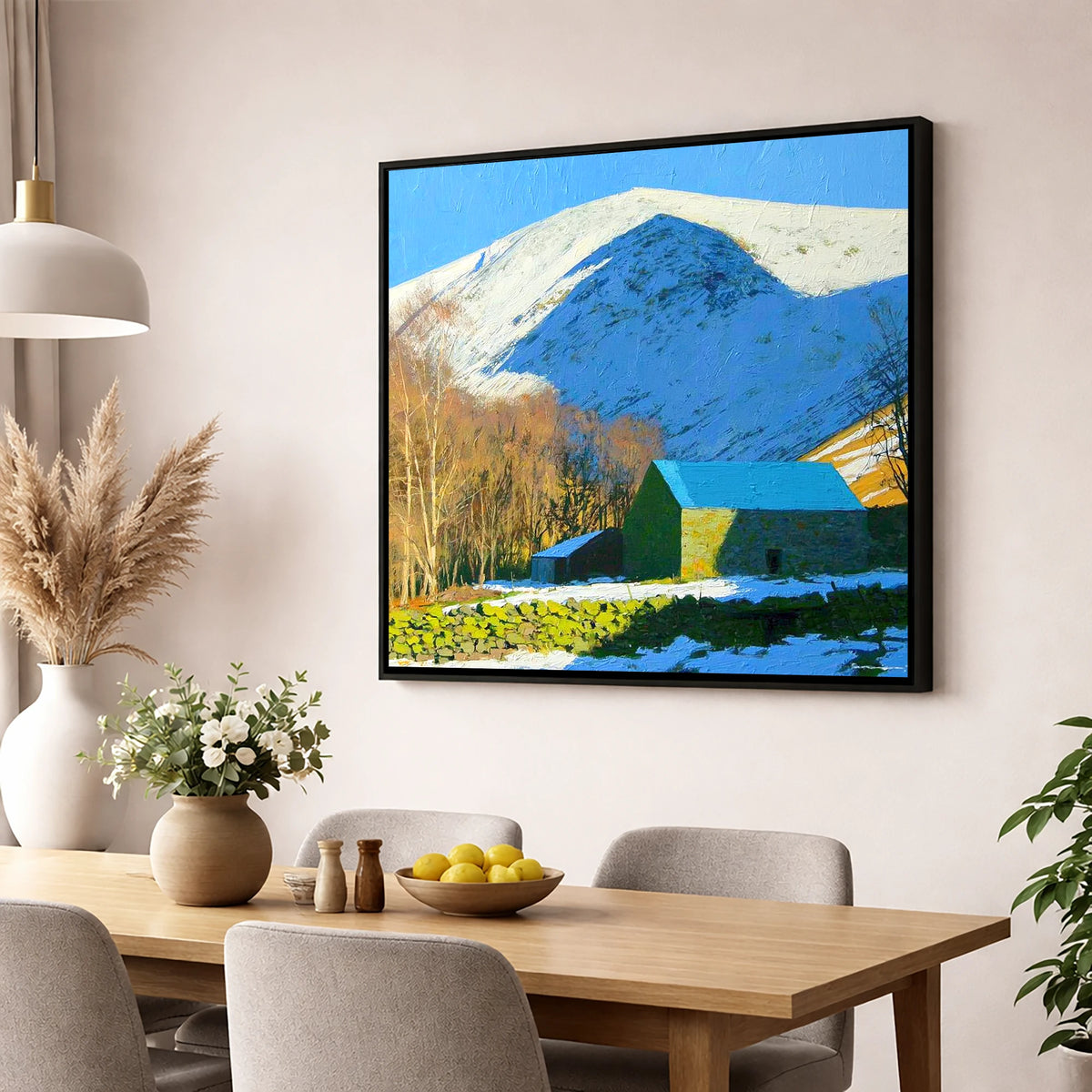 Snowy Bowscale Fell and Stone Barn lake district fell wall art displayed in a dining room