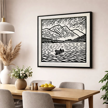 Coniston Water in Bold Monochrome lake district lake wall art displayed in a dining room