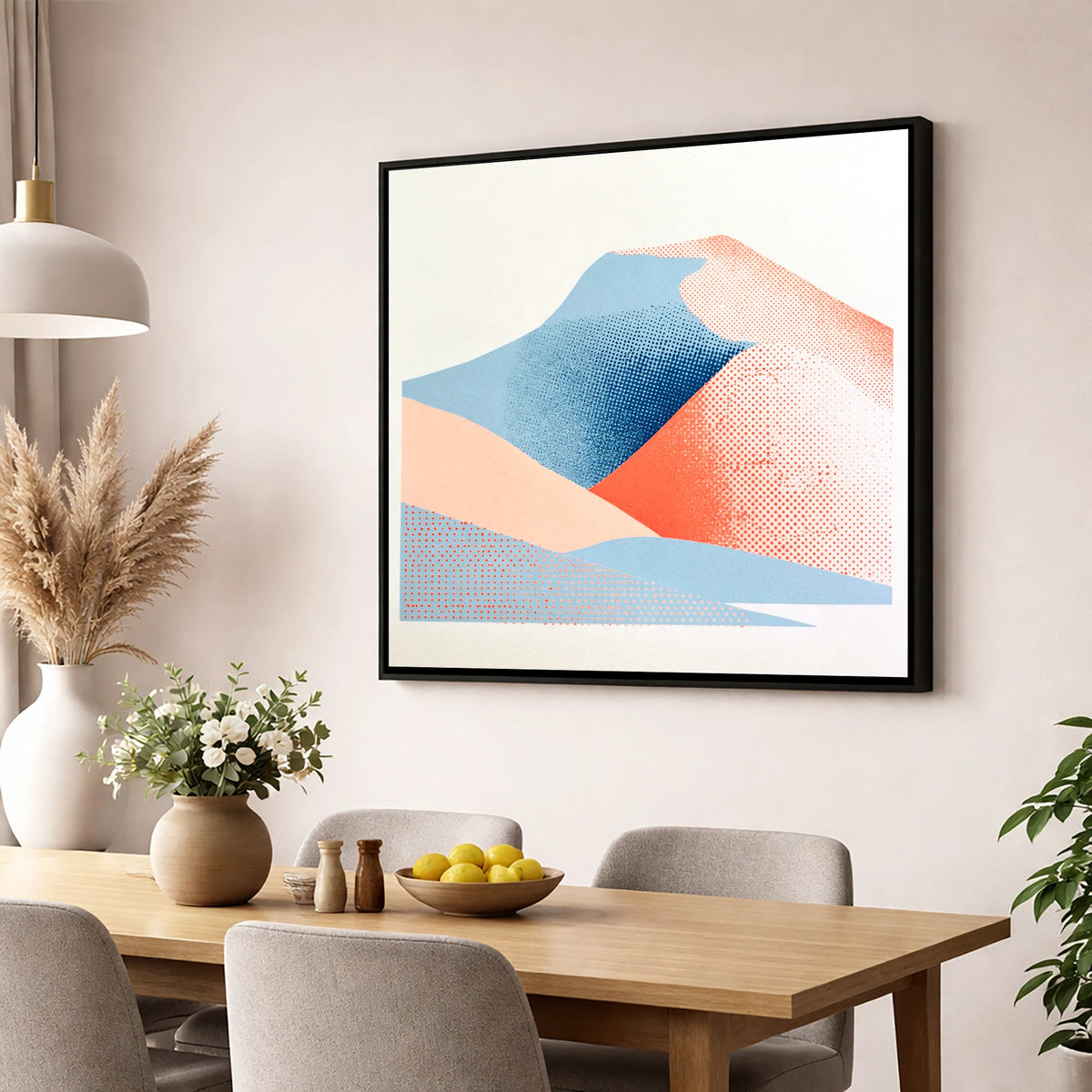 Blencathra in Blue and Coral lake district fell wall art displayed in a dining room