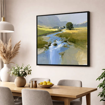 Sunlit Valley Beck and Farmhouse lake district waterfall wall art displayed in a dining room