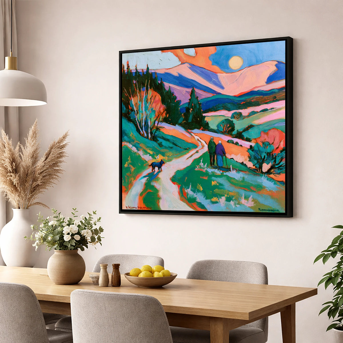 Colourful Keswick Dog Walk gifts for dog walkers wall art displayed in a dining room
