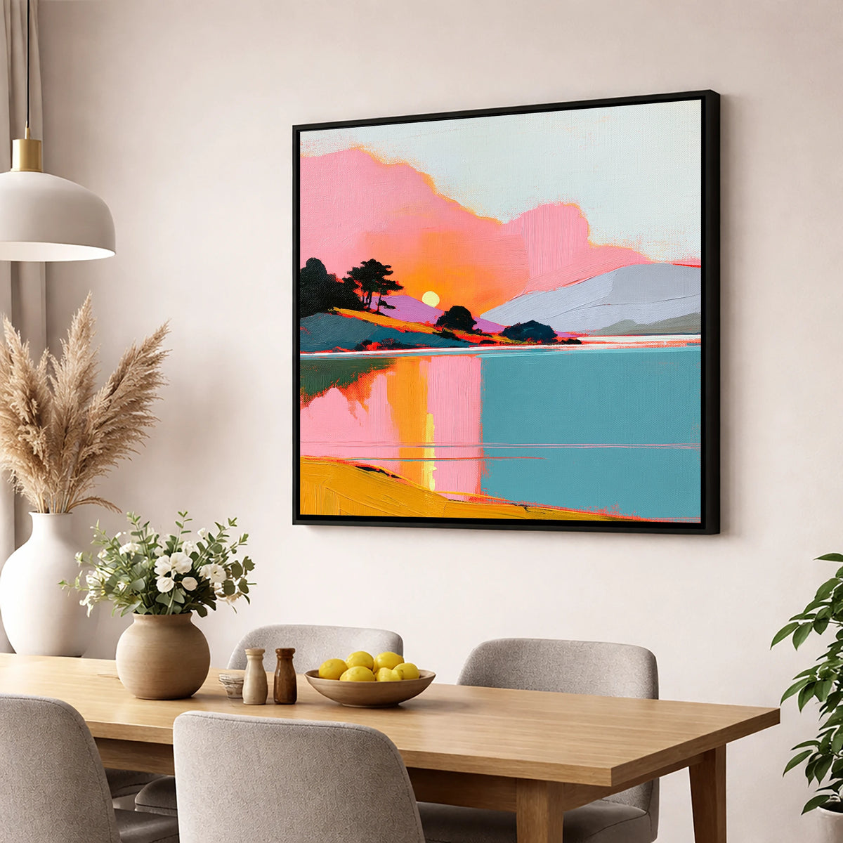 Pink Sunset Over Lake Water lake district lake wall art displayed in a dining room