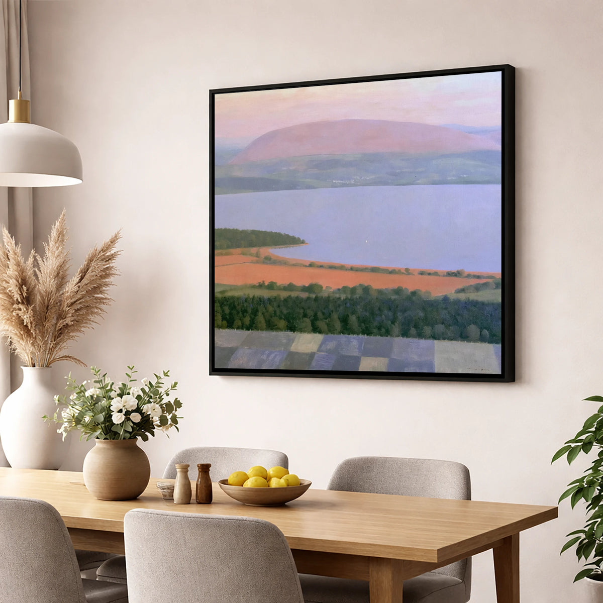Bassenthwaite Lake in Pastel Light lake district lake wall art displayed in a dining room