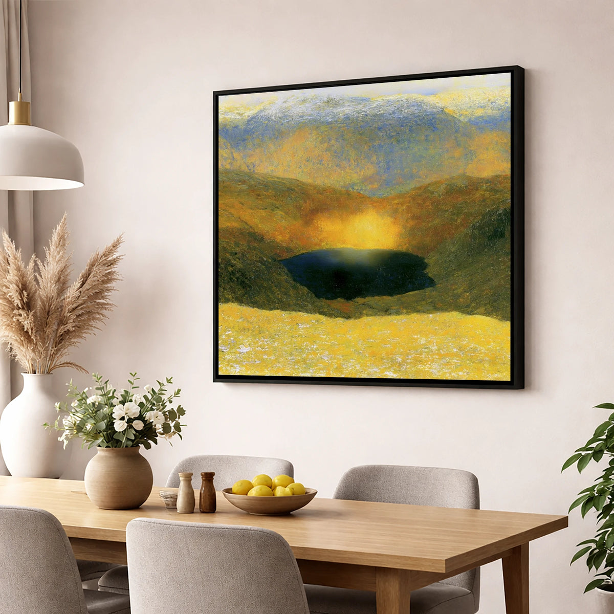 Golden Light Over Easedale Tarn lake district lake wall art displayed in a dining room