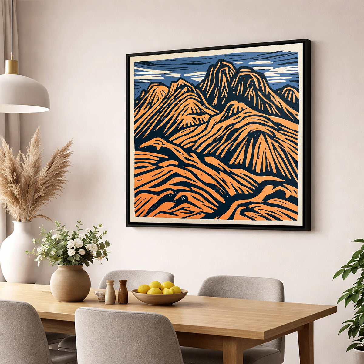 Bowfell in Terracotta and Navy lake district fell wall art displayed in a dining room
