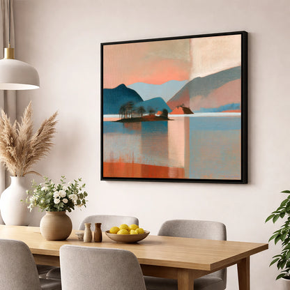 Terracotta Sunset Over Derwentwater lake district lake wall art displayed in a dining room