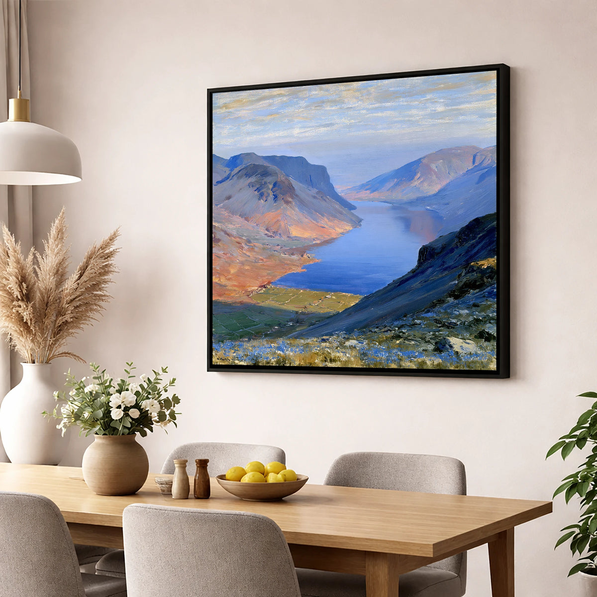 Scafell Pike Above Luminous Wastwater lake district fell wall art displayed in a dining room