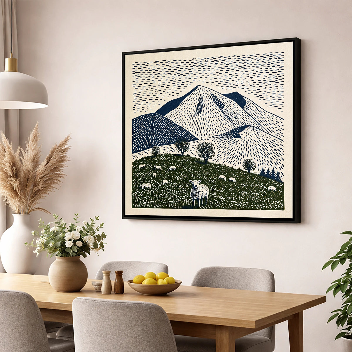 Skiddaw with Grazing Flock lake district fell wall art displayed in a dining room