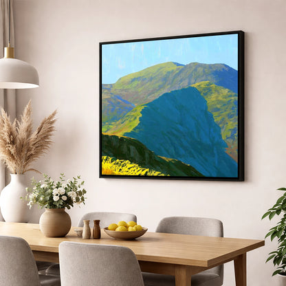 Sunlit Crags of Wetherlam Ridge lake district fell wall art displayed in a dining room