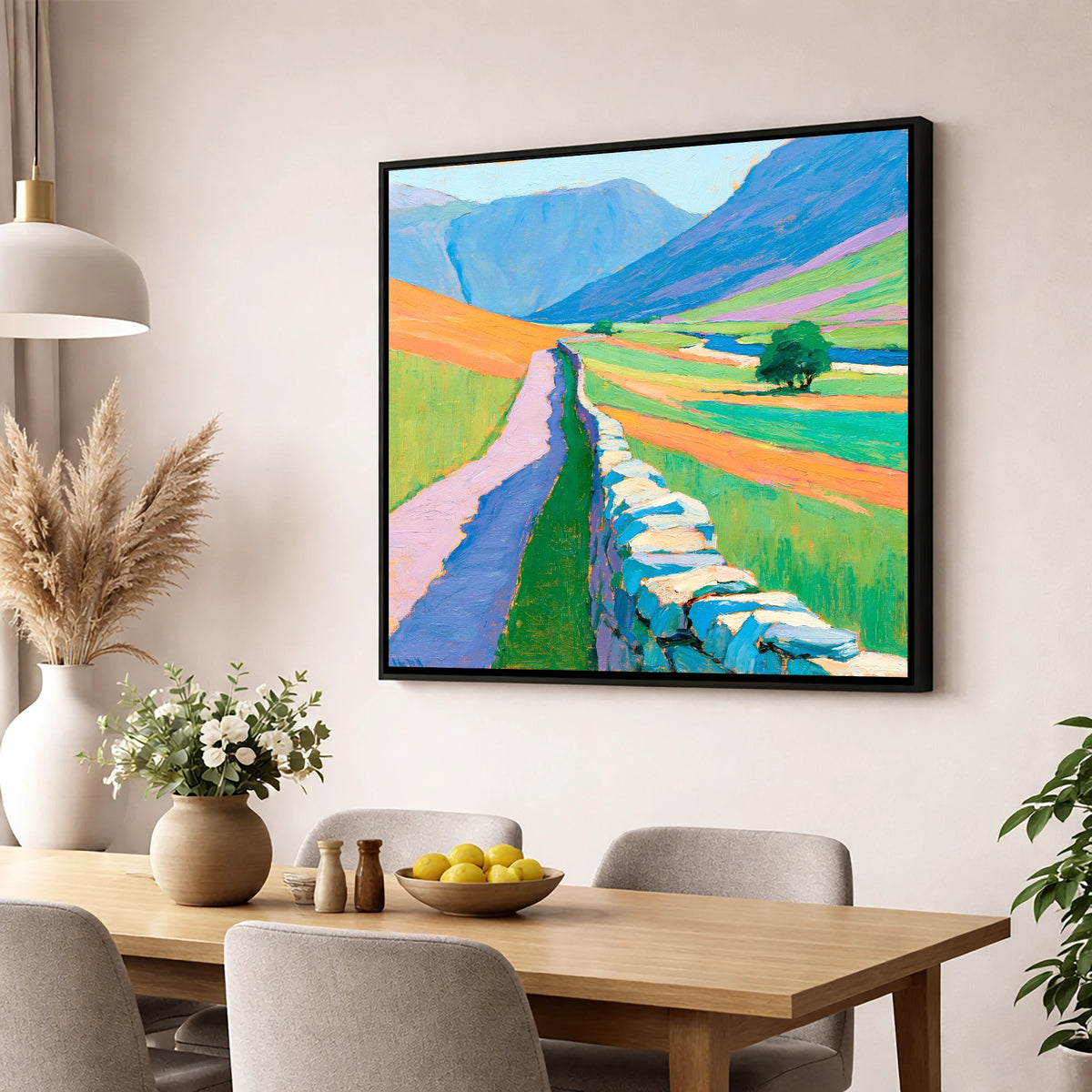 Drystone Wall Through Vivid Valley lake district valley wall art displayed in a dining room