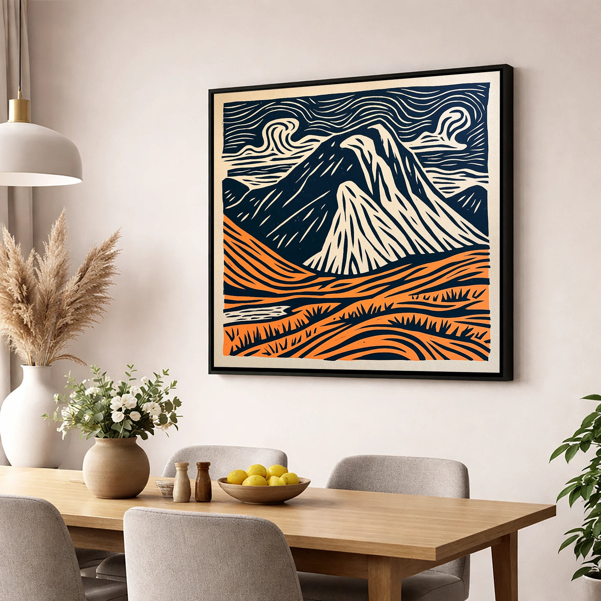 Great Gable in Navy and Orange lake district fell wall art displayed in a dining room