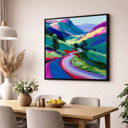 Vibrant Winding Mountain Pass lake district valley wall art displayed in a dining room