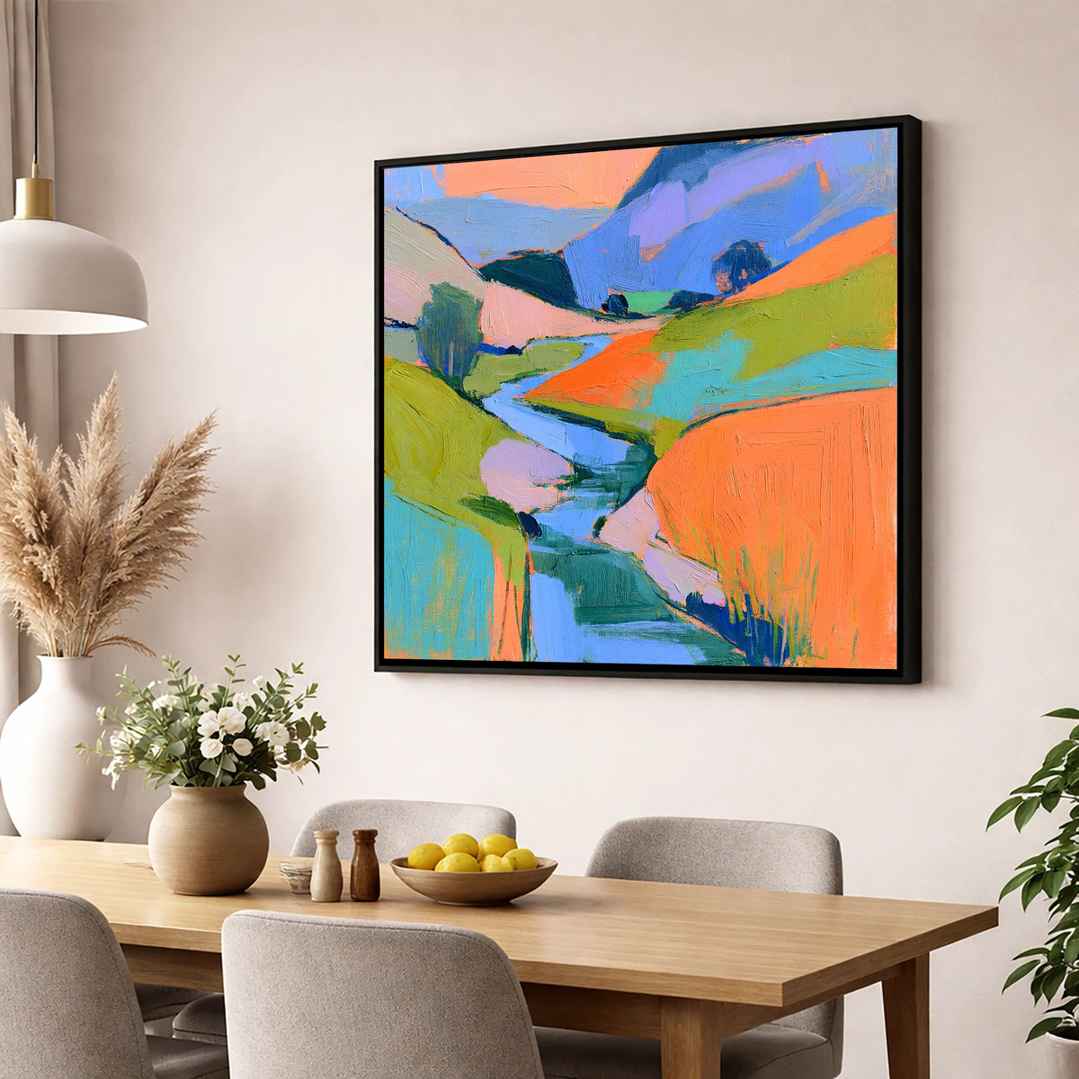 River Valley in Vivid Colour lake district waterfall wall art displayed in a dining room