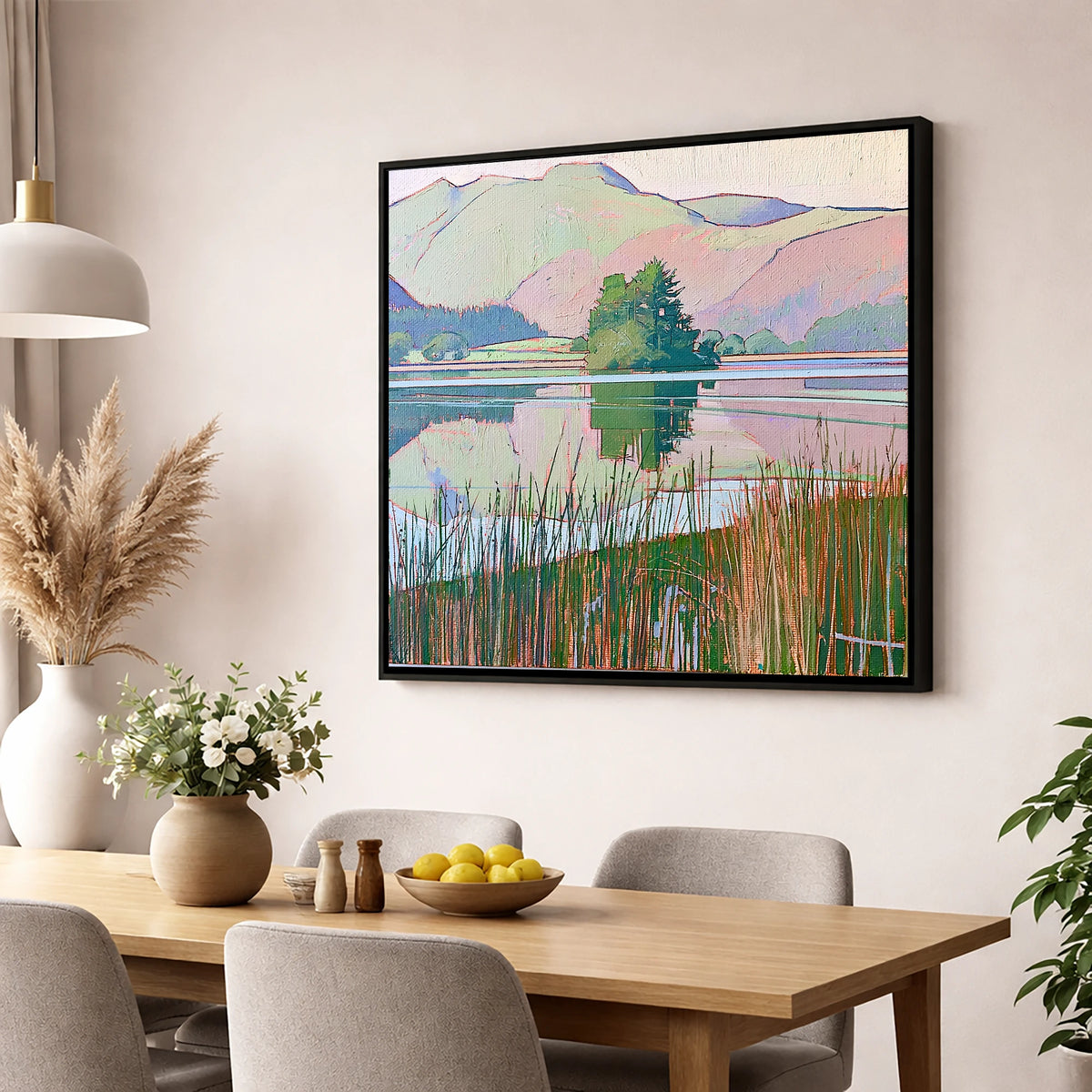 Grasmere Island Through Tall Reeds lake district lake wall art displayed in a dining room