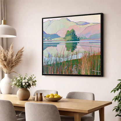 Grasmere Island Through Tall Reeds lake district lake wall art displayed in a dining room