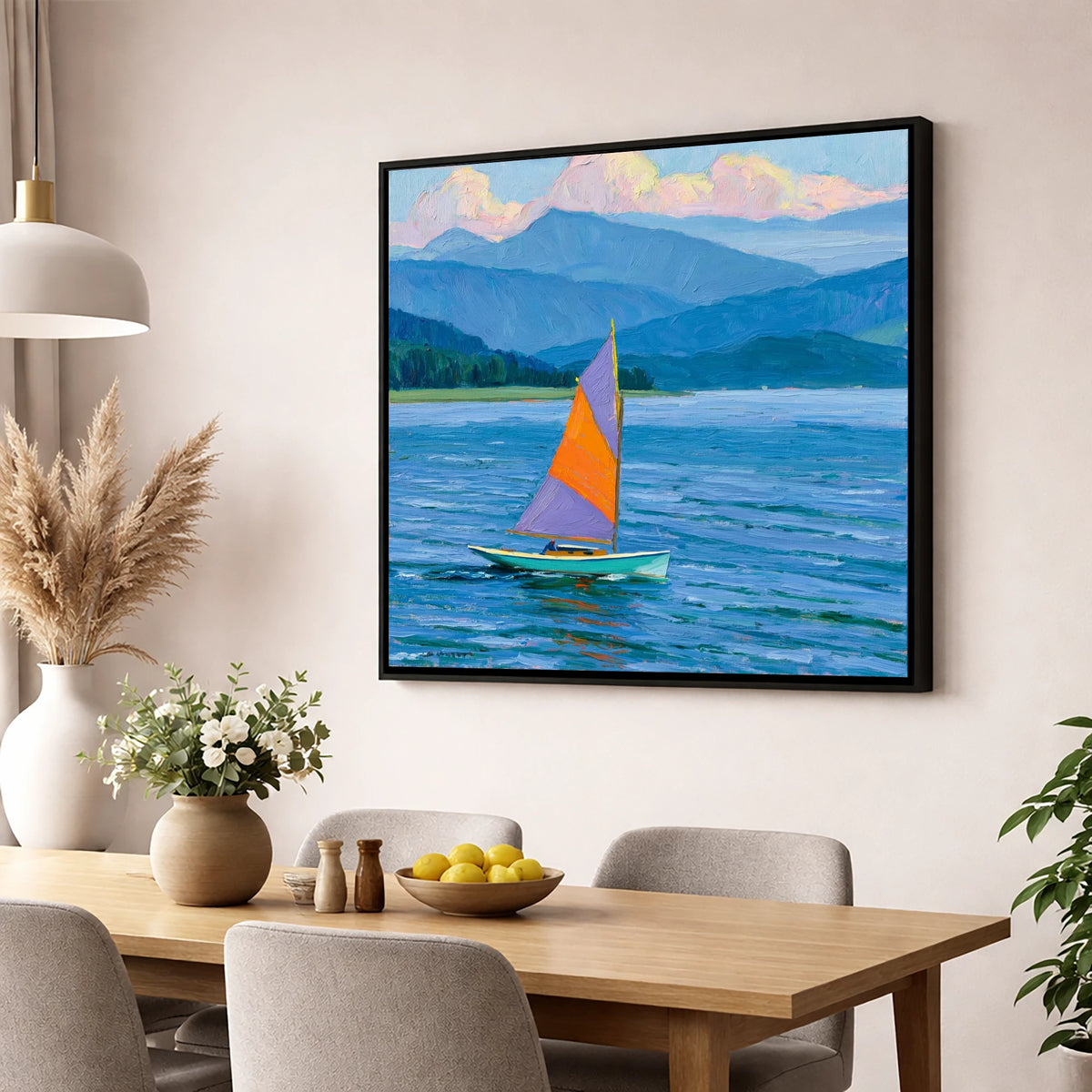 Vibrant Lake District Sailing lake district walking wall art displayed in a dining room