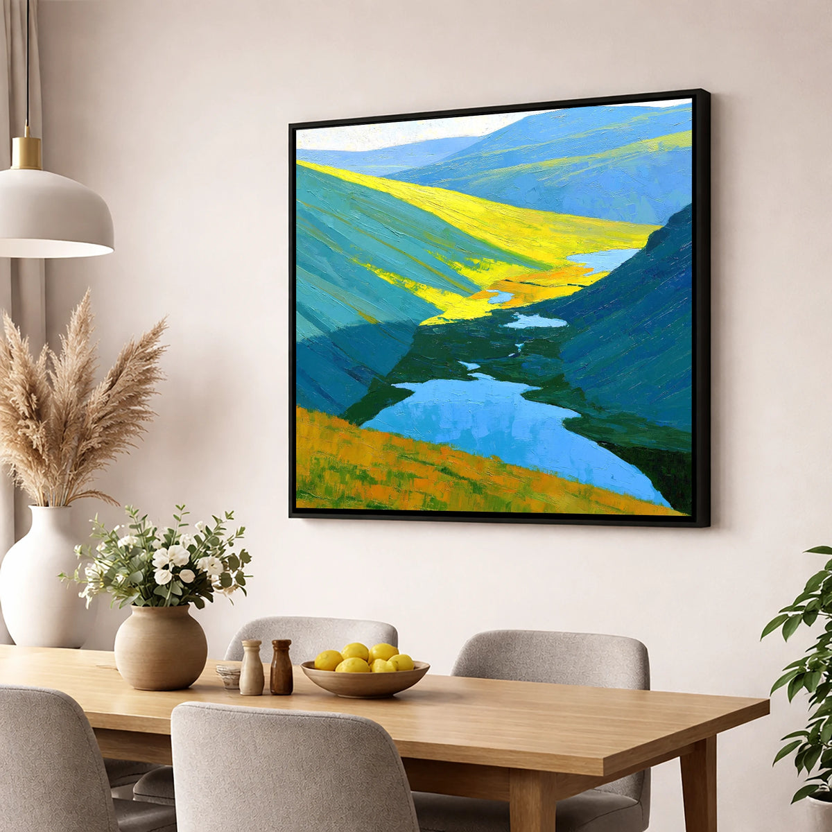 Sunlit Fells over Deep Blue Tarns lake district fell wall art displayed in a dining room