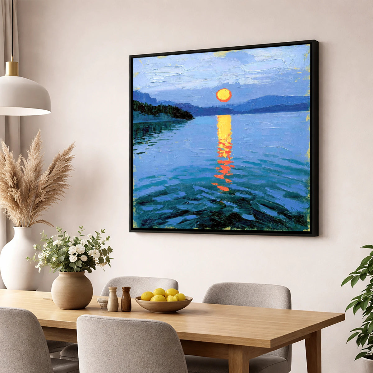 Fiery Sunset Over the Lake lake district lake wall art displayed in a dining room