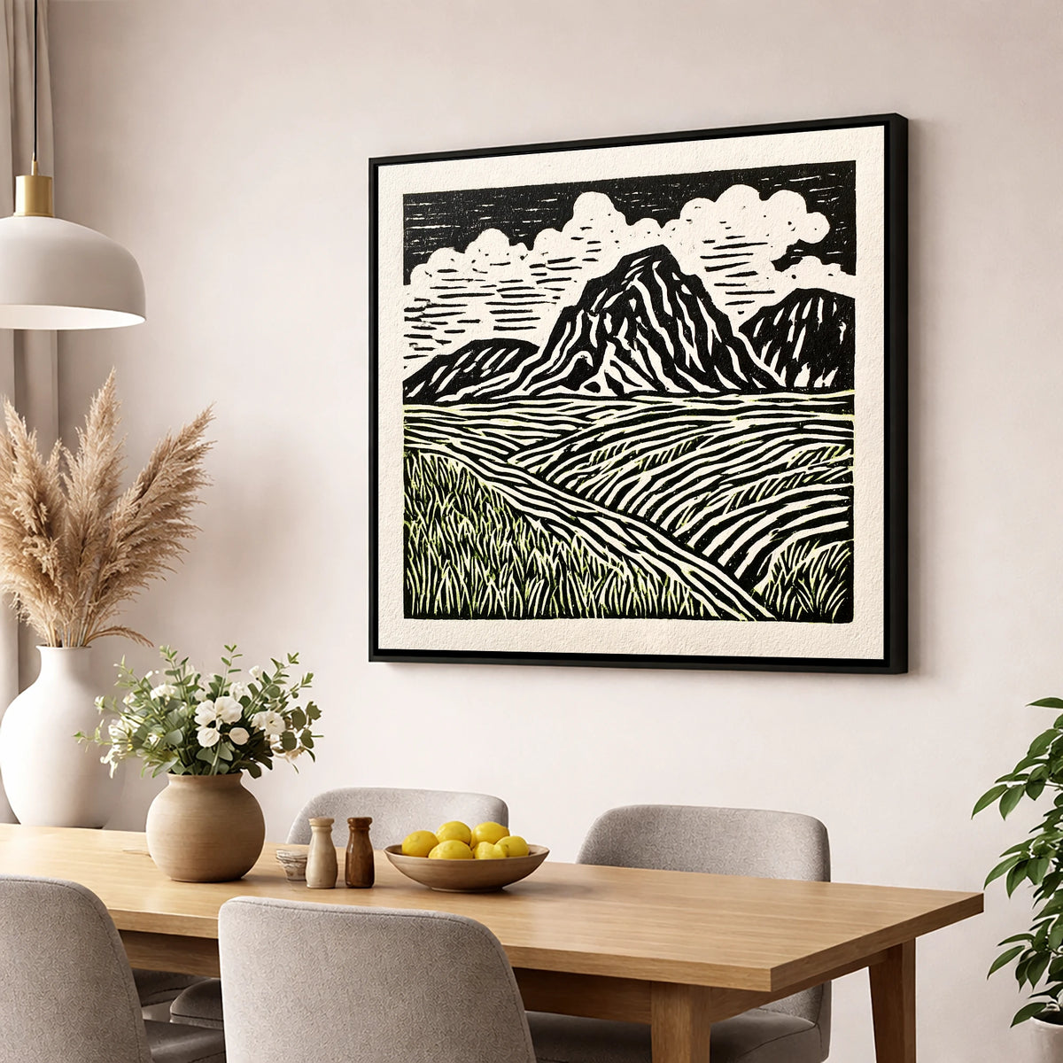 Scafell Pike Graphic Landscape lake district fell wall art displayed in a dining room