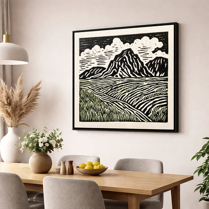 Scafell Pike Graphic Landscape lake district fell wall art displayed in a dining room