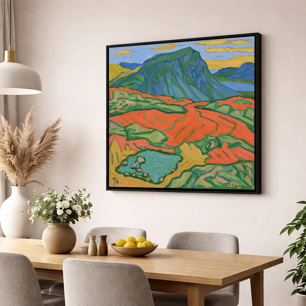 Vivid Haystacks Fell and Tarn lake district fell wall art displayed in a dining room