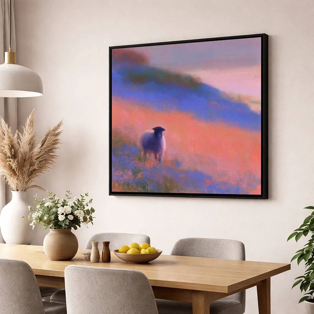 Herdwick Sheep in Twilight Mist lake district wildlife wall art displayed in a dining room