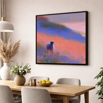 Herdwick Sheep in Twilight Mist lake district wildlife wall art displayed in a dining room
