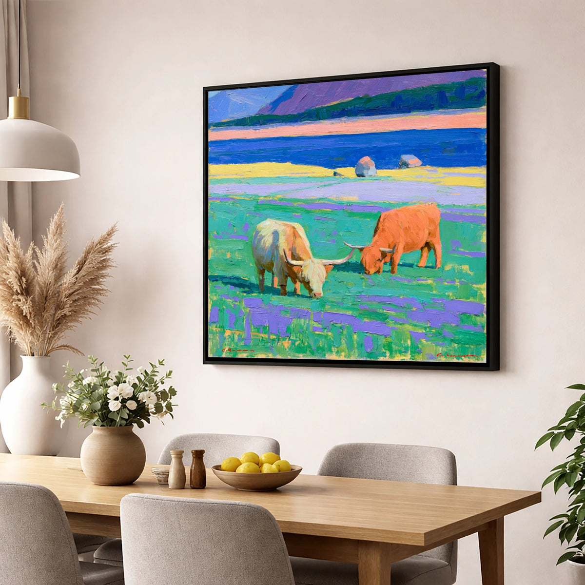 Vibrant Highland Cattle Pasture lake district wildlife wall art displayed in a dining room