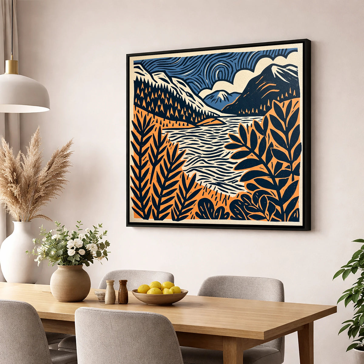 Navy and Terracotta Lake Dawn lake district lake wall art displayed in a dining room