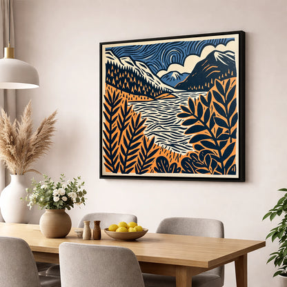 Navy and Terracotta Lake Dawn lake district lake wall art displayed in a dining room